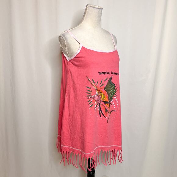 Camps Vintage Y2K Tampico Tamps Marlin Mini Dress Coverup Fringe Pink Tropical - Picture 10 of 10